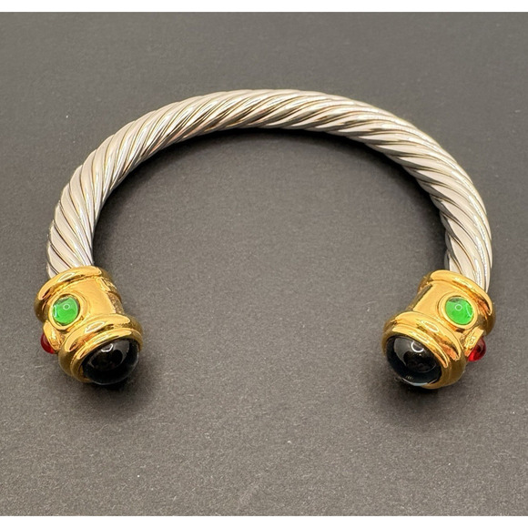 Vintage Monet Cuff Bracelet Gold & Silver Tone Multi Glass Cabs Modernist 6.25" - Picture 2 of 7